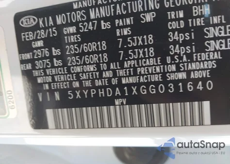 2016 Kia Sorento 2.0T Ex z USA, uszkodzony, nr VIN 5XYPHDA1XGG031640